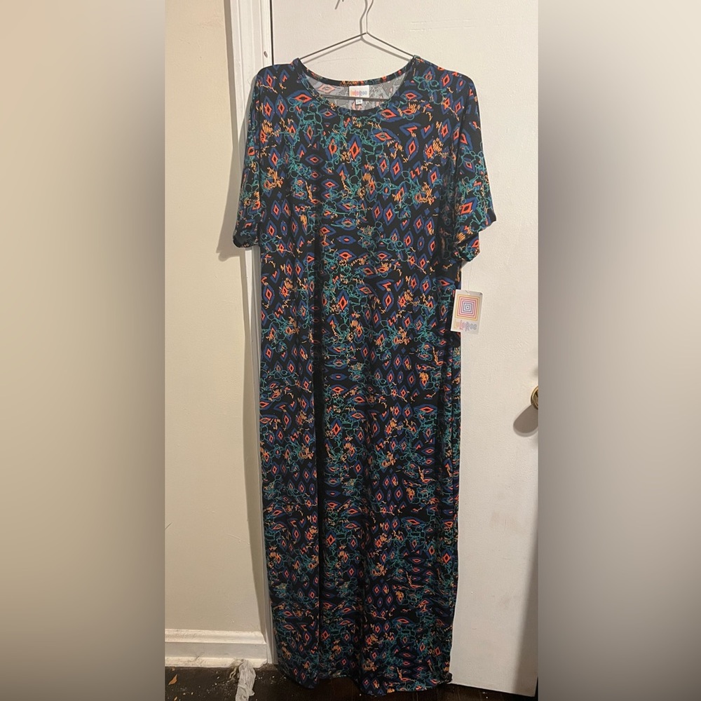 NWT LuLaRoe Maria Dress Plus Size 2X - Navy Blue, Orange & Green Print on Black